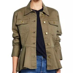 Frame Button-Front Peplum Jean Jacket - Army Green S/P